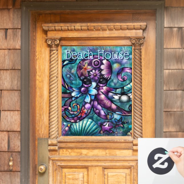 Whimsical Octopus Floral Teal Purple Blue Coastal Window Cling (Home Door)