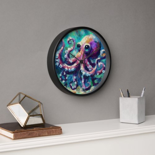 Whimsical Octopus Oil Painting Nautical Beach Clock