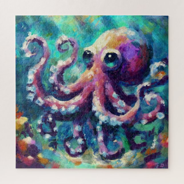 Whimsical Octopus Oil Painting Nautical Beach Jigsaw Puzzle (Vertical)