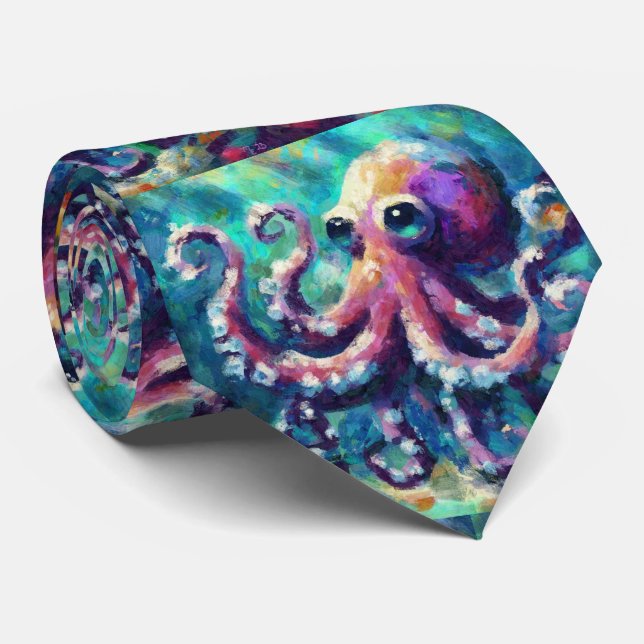 Whimsical Octopus Oil Painting Nautical Beach Neck Tie (Rolled)