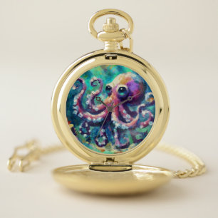 Whimsical Octopus Oil Painting Nautical Beach Pocket Watch