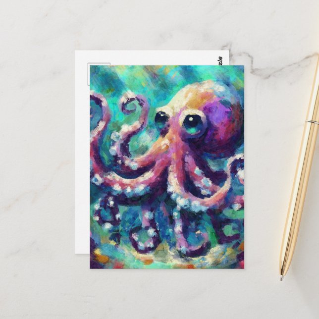 Whimsical Octopus Oil Painting Nautical Beach Postcard (Front/Back In Situ)