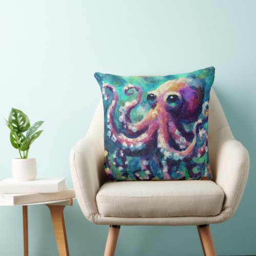 Whimsical Octopus Oil Painting Nautical Beach Throw Pillow