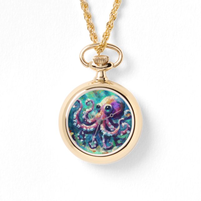 Whimsical Octopus Oil Painting Nautical Beach Watch (Front)