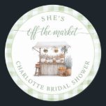 Whimsical Off the Market Farmer Bridal Shower Classic Round Sticker<br><div class="desc">Add a delightful finishing touch to your bridal shower favors with this Whimsical "Off the Market" Farmer Bridal Shower Classic Round Sticker. Designed in soft sage green with charming watercolor florals, fresh fruits, gingham accents, and a sweet "She’s Fresh Off the Market" message, it’s a perfect way to say thank...</div>