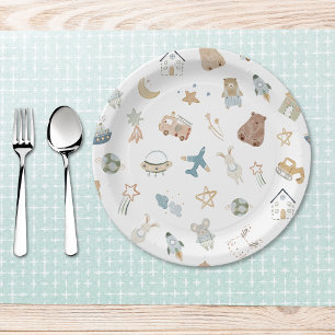 Whimsical Oh Boy Watercolor Doodle Baby Shower Paper Plates