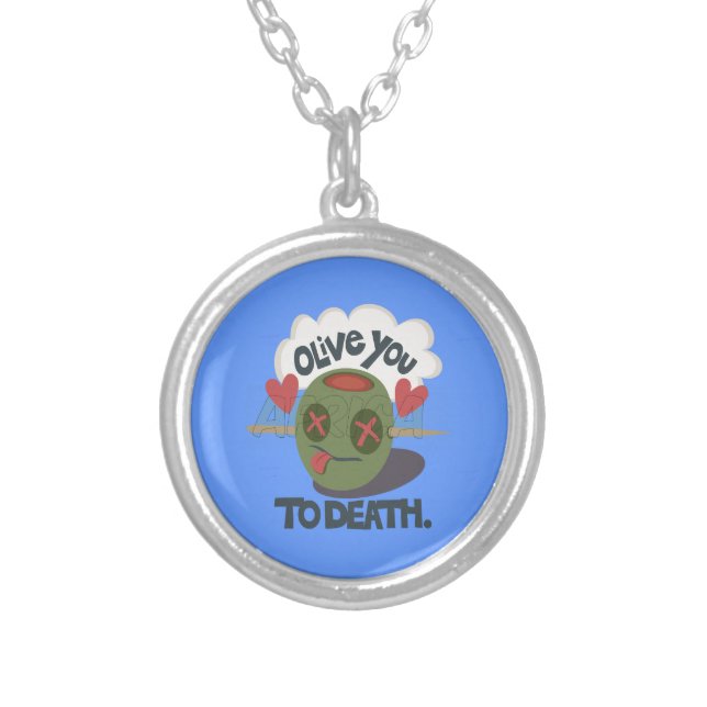 Whimsical "Olive My Heart" Funny Face Design Silver Plated Necklace (Front)