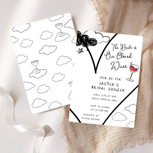 Whimsical On Cloud Wine Hand-drawn Bridal Shower Invitation (Creator Uploaded)