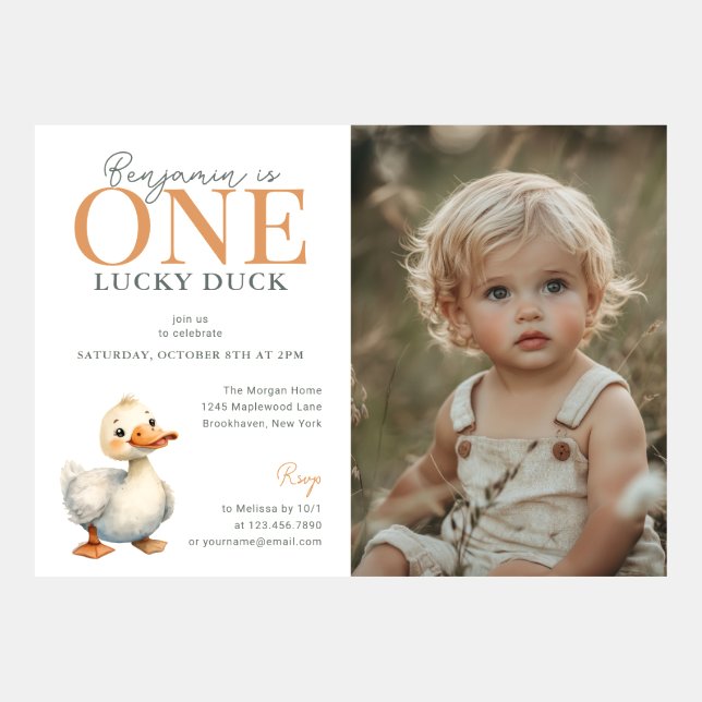 Whimsical One Lucky Duck First Birthday Photo Invitation (Front)