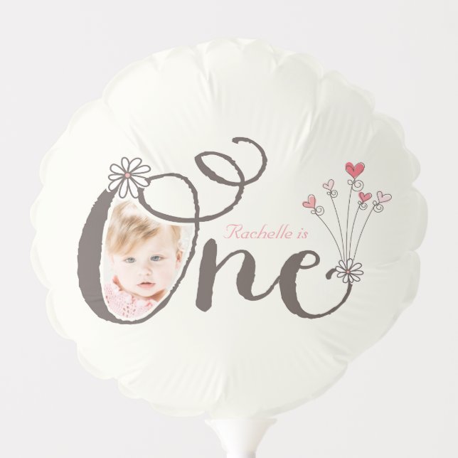 Whimsical One Pink Baby Girl 1st Birthday Photo Balloon (Front)