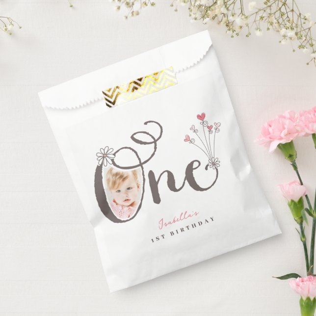 Whimsical One Pink Baby Girl 1st Birthday Photo Favor Bag (Sealed)