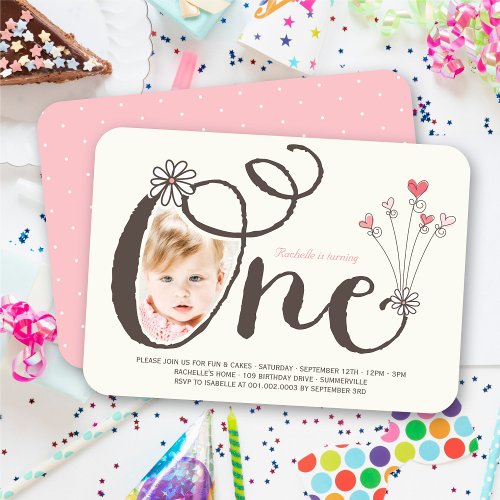 Big Whimsical One Baby Girl First Birthday Photo Custom Invites