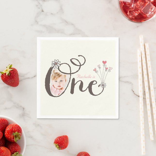 Whimsical One Pink Baby Girl 1st Birthday Photo Napkins (Insitu)