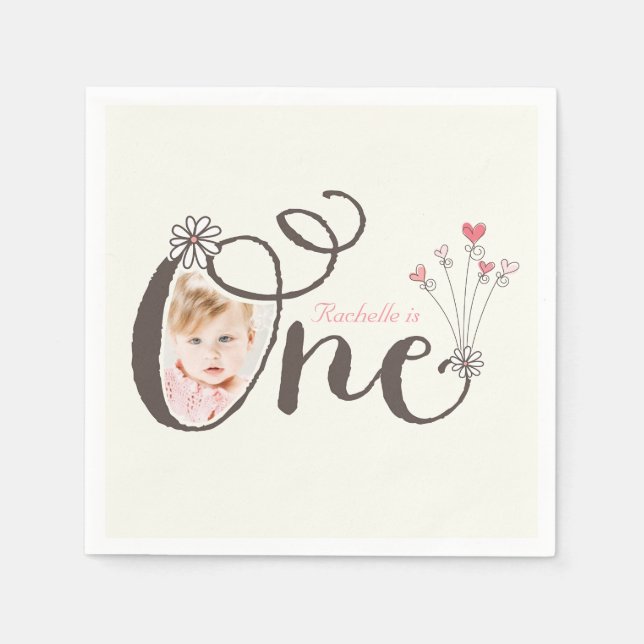 Whimsical One Pink Baby Girl 1st Birthday Photo Napkins (Front)