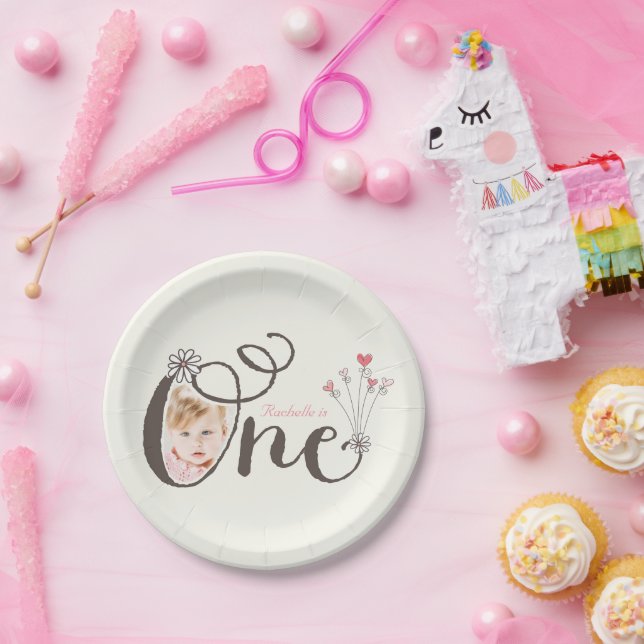 Whimsical One Pink Baby Girl 1st Birthday Photo Paper Plates (Party)