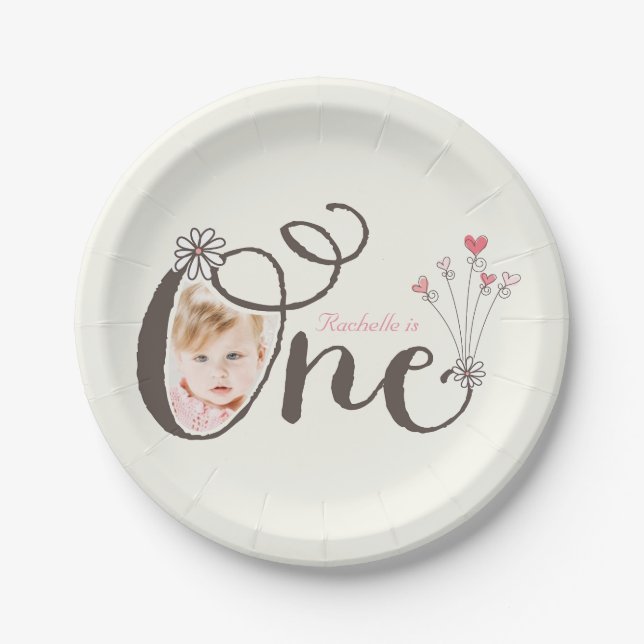 Whimsical One Pink Baby Girl 1st Birthday Photo Paper Plates (Front)