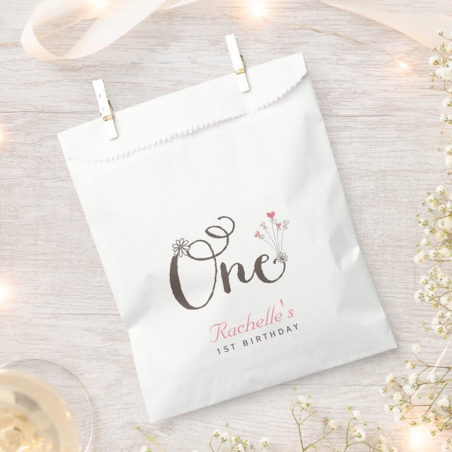 Whimsical One Pink Hearts Girl 1st Birthday Party Favor Bag (Clipped)
