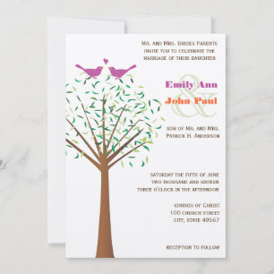 Whimsical Orange and Fuchsia Love Bird Tree Invite
