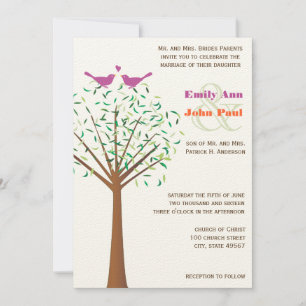 Whimsical Orange and Fuchsia Love Bird Tree Invite