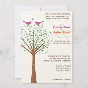 Whimsical Orange and Fuchsia Love Bird Tree Invite