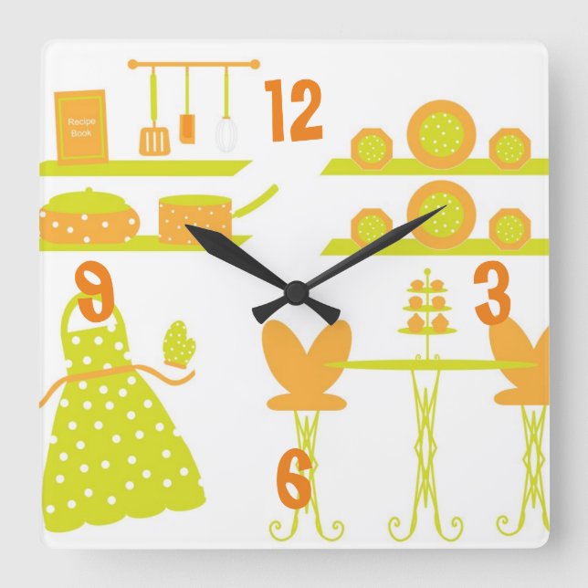 Whimsical Orange and Green Kitchen Wall Clock (Front)