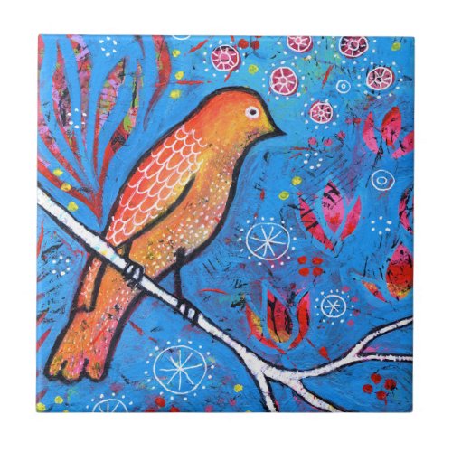 Whimsical orange bird on blue background ceramic tile