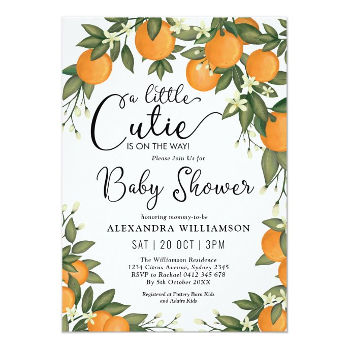 Whimsical Orange Citrus Greenery Baby Shower Invitation