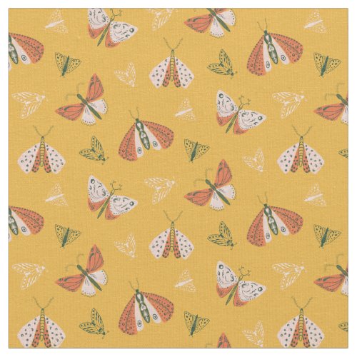 Whimsical Orange Ecru Moths  Fabric