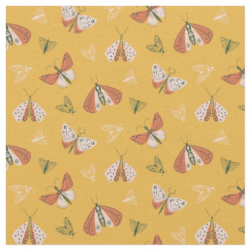 Whimsical Orange Ecru Moths  Fabric