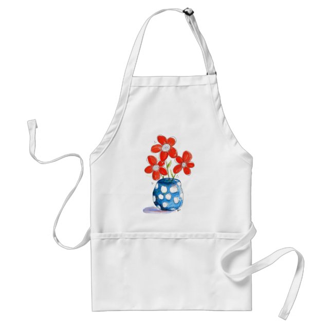 Whimsical Orange Flowers in Blue Vase Adult Apron (Front)