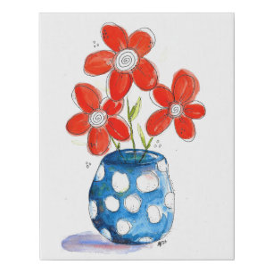 Whimsical Orange Flowers in Blue Vase Faux Canvas Print