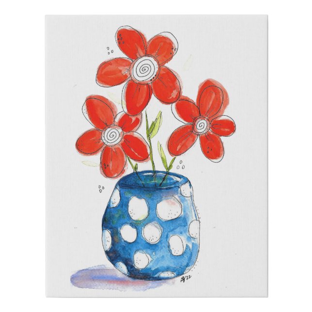 Whimsical Orange Flowers in Blue Vase Faux Canvas Print (Front)