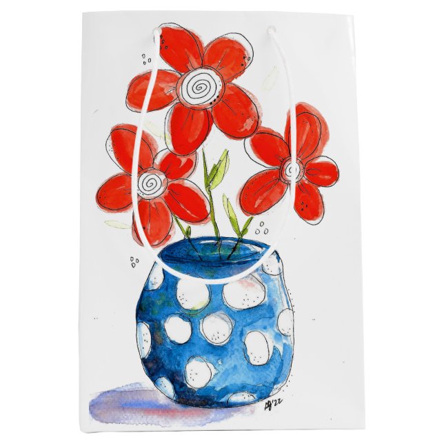 Whimsical Orange Flowers in Blue Vase Medium Gift Bag (Front)