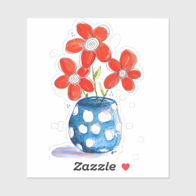 Whimsical Orange Flowers in Blue Vase Sticker (Sheet)
