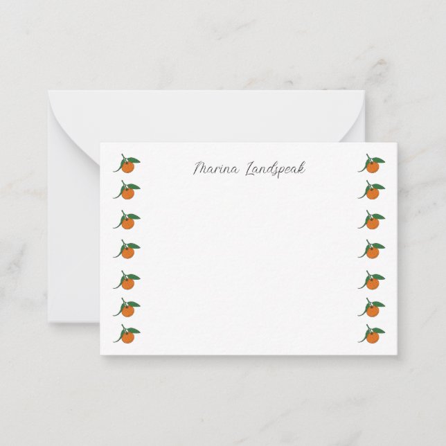 Whimsical Orange Fruit Border Custom Name Note Card (Front)