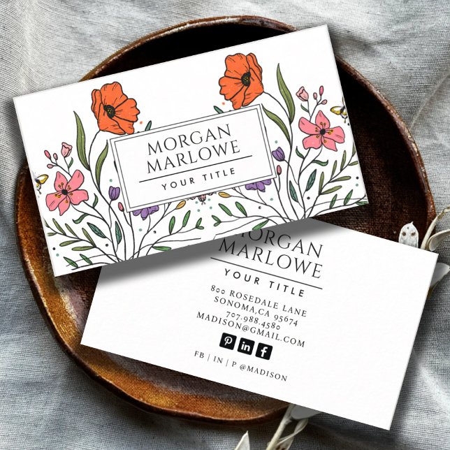 Whimsical Orange Pink Cute Boho Floral | Retro Business Card (Creator Uploaded)
