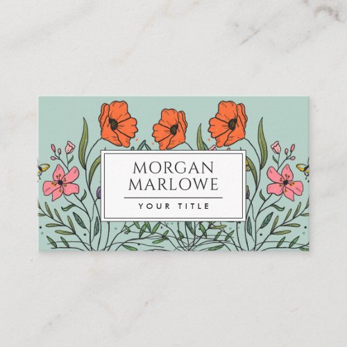 Whimsical Orange Pink Cute Floral Bouquet Green Business Card