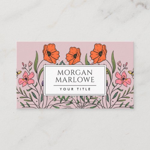 Whimsical Orange Pink Floral Bouquet Dusty Pink Business Card