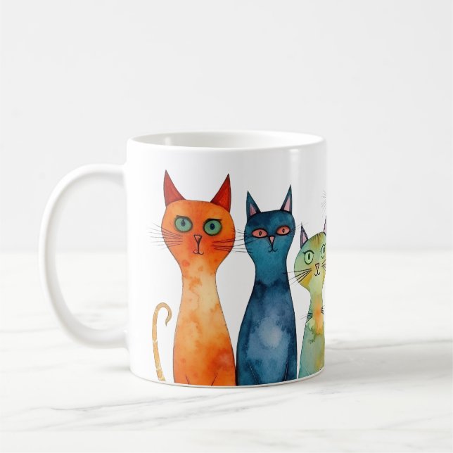 Whimsical Orange Purple Teal Watercolor Cats Coffee Mug (Left)