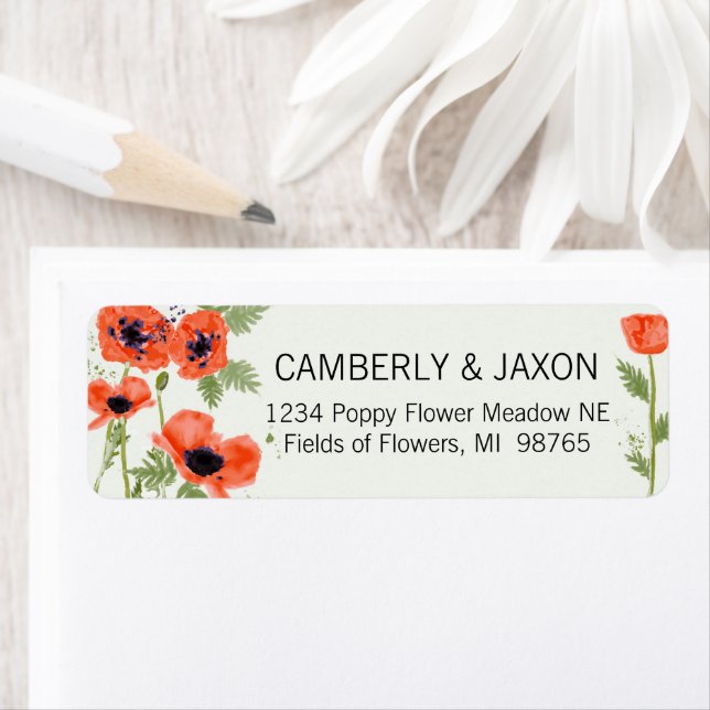 Whimsical Orange Red Poppy Flowers Watercolor Label (Insitu)