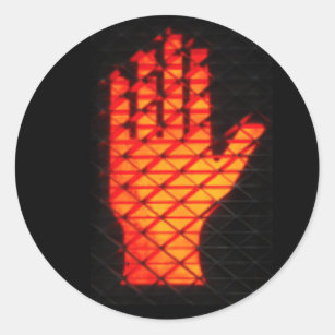 Whimsical orange stoplight "WAIT" hand symbol on Classic Round Sticker