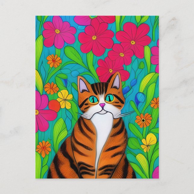 Whimsical Orange Striped Cat with Pink Flowers Postcard (Front)
