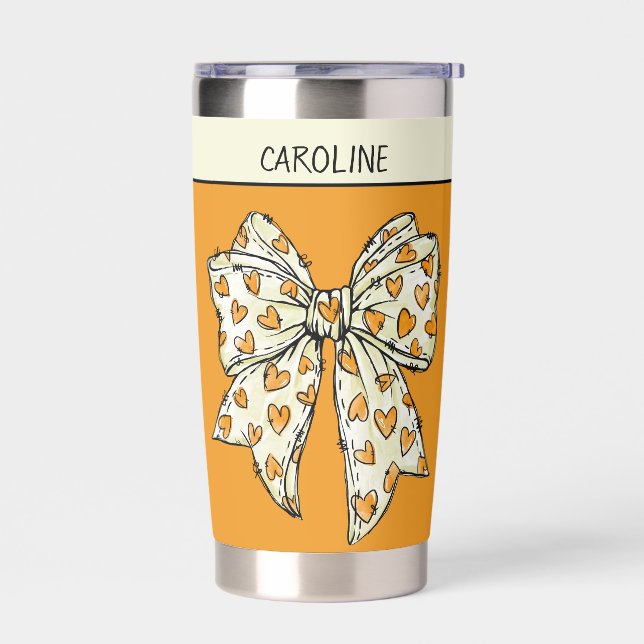 Whimsical Orange Yellow Coquette Heart Bow Insulated Tumbler (Left)