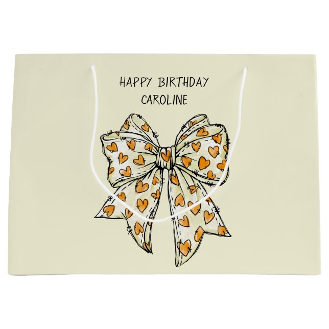 Whimsical Orange Yellow Coquette Heart Bow Large Gift Bag (Front)