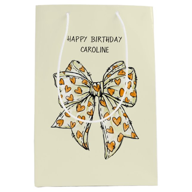 Whimsical Orange Yellow Coquette Heart Bow Medium Gift Bag (Front)
