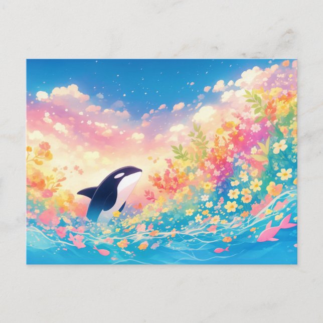 Whimsical Orca Whale Wildflower Postcard (Front)