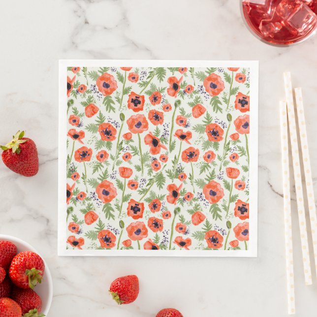 Whimsical Oriental Poppy Pattern Paper Dinner Napkins (Insitu)