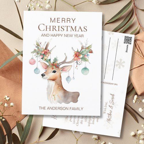 Whimsical Ornamented Reindeer Watercolor Christmas Postcard