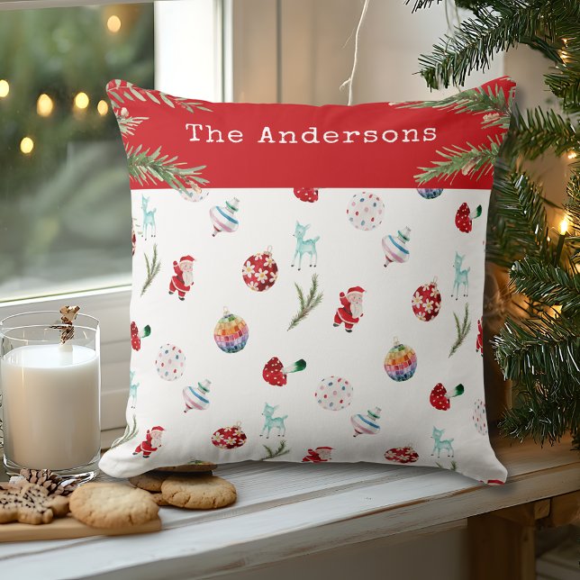 Whimsical Ornaments Family Name Photo Christmas Throw Pillow (Creator Uploaded)
