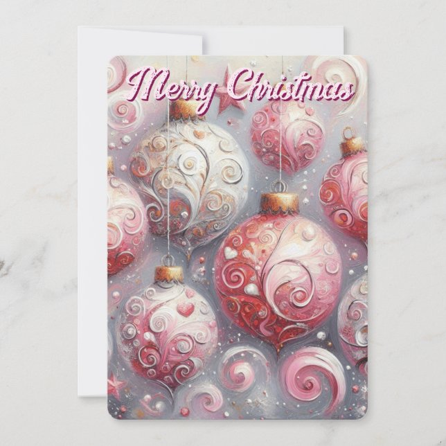 Whimsical Ornaments – Pink Impressionist Holiday Card (Front)